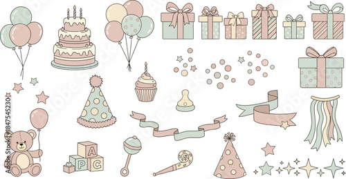 Adorable pastel birthday and baby shower celebration elements set, featuring balloons, cake, gifts, party hats, and charming decorations on a white background.