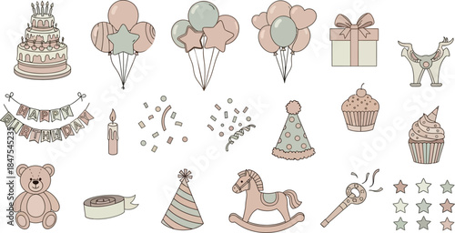 A delightful collection of hand-drawn pastel birthday party elements, featuring a tiered cake, festive balloons, a 'Happy Birthday' banner, and charming gifts.