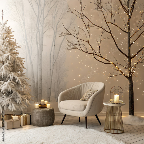 Cozy winter living room elegant holiday decor with warm golden lights