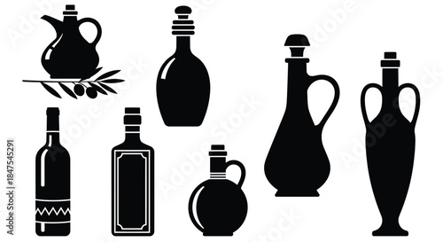 A collection of various black silhouette bottles and jars on a white background.