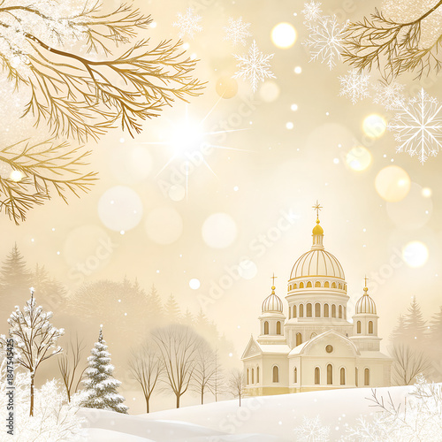 Golden domed church in peaceful winter snow falling with bright bokeh