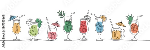 Colored tropical drinks simple continuous one line drawing . 