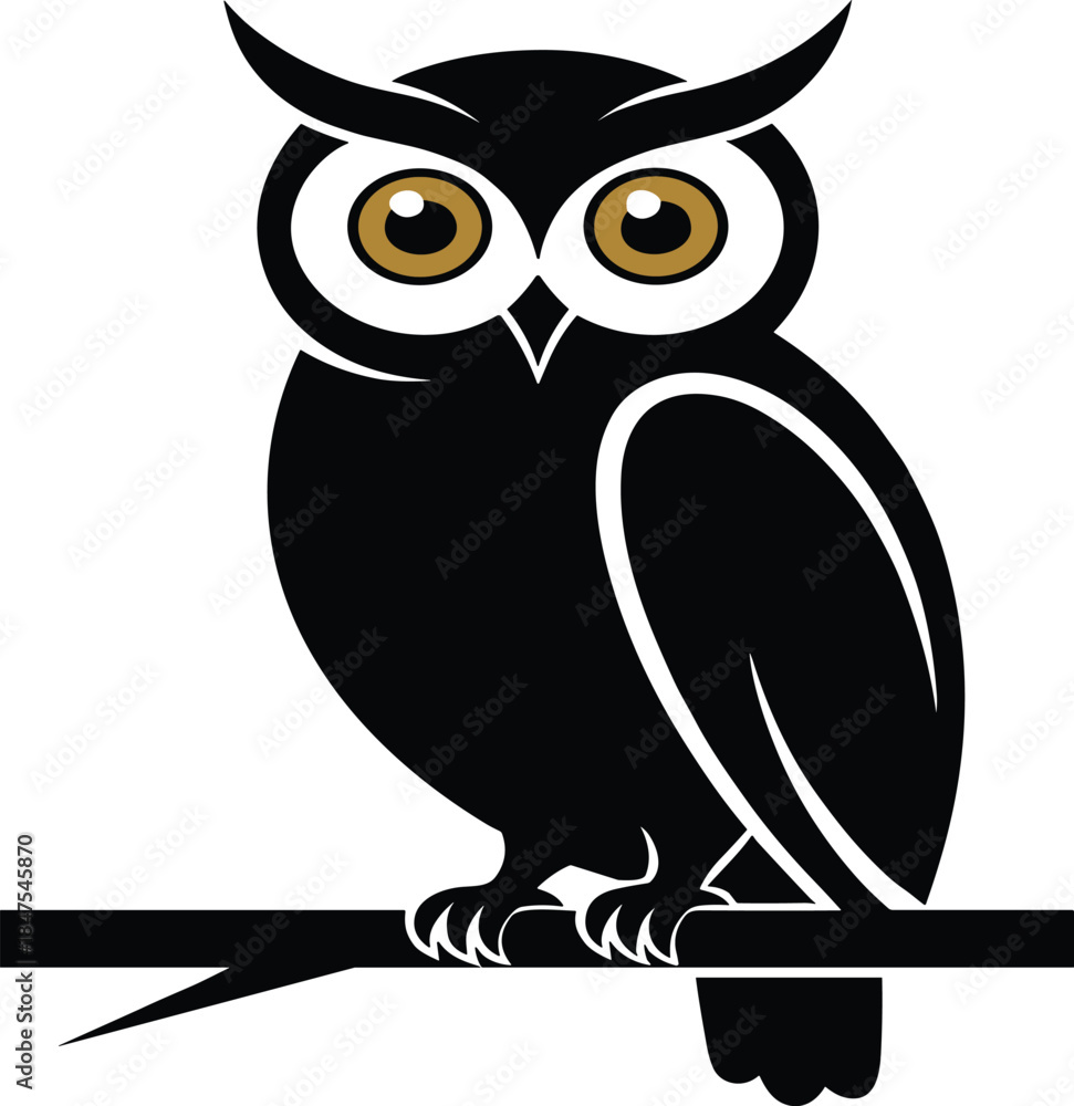 Fototapeta premium Black Owl Silhouette Perched on a Tree Branch Vector Illustration for Wisdom Mystery and Nature Design.