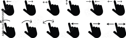 
Hand finger gesture icon set. Swipe icon set. slide up down left right finger signs, swipe symbol. Collection of touch touch symbols. The gesture of swiping an icon on transparent background

