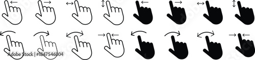 
Hand finger gesture icon set. Swipe icon set. slide up down left right finger signs, swipe symbol. Collection of touch touch symbols. The gesture of swiping an icon on transparent background
