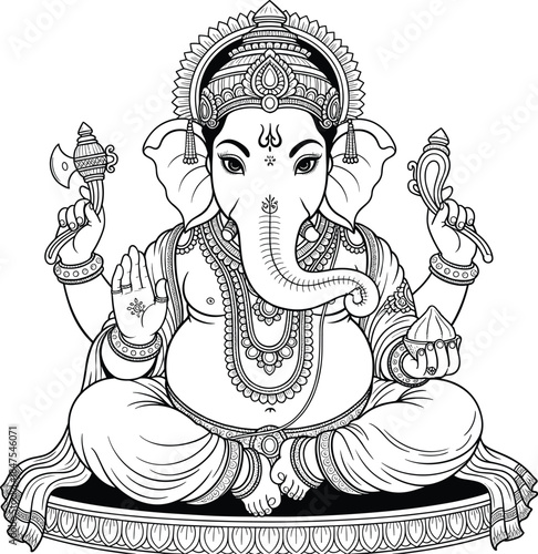 Detailed Ganesha Line Art Vector Illustration of Hindu God Sitting on Throne for Spiritual Design and Coloring Book.