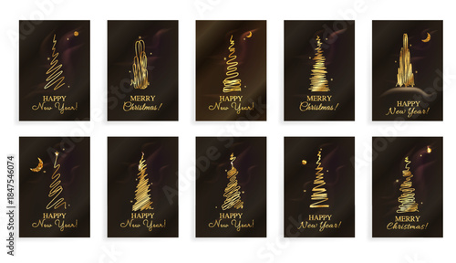 Golden  Scribble Christmas Tree Card Vector Template Set