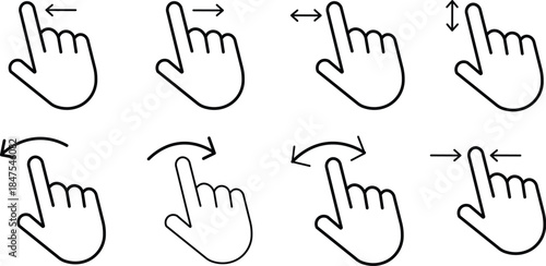 
Hand finger gesture icon set. Swipe icon set. slide up down left right finger signs, swipe symbol. Collection of touch touch symbols. The gesture of swiping an icon on transparent background
