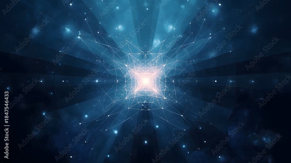 Obraz premium futuristic geometric abstract background with glowing light starburst effect and connected lines futuristic science technology data concept bright blue and white light particles in dark