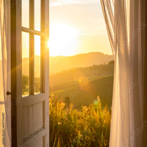 Open Door with White Curtains Overlooking a Golden Sunset Landscape