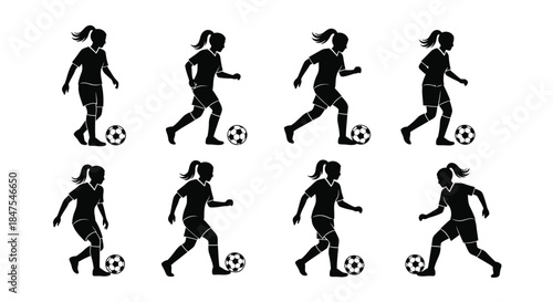 Silhouettes of a female soccer player dribbling a ball in sequence