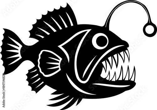 Angler fish vector illustration, deep sea predator silhouette isolated on white background