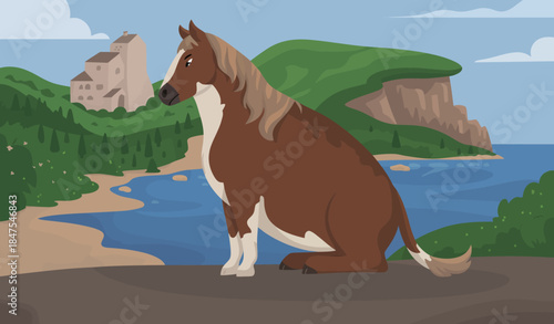 brown and white horse sitting on cliff overlooking ocean and green hills