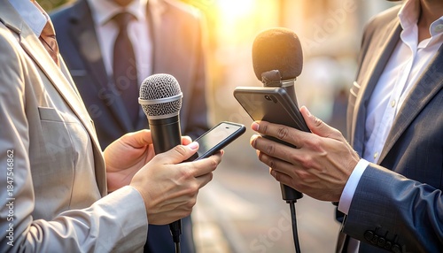 Interview in progress with microphones and smart phones held by the interviewers, outside in sunlight