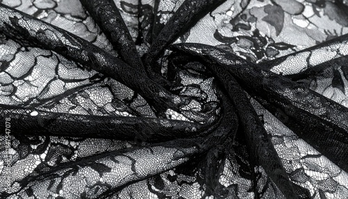 Intricate black lace fabric with floral pattern, draped in soft folds, creates a delicate, textured appearance