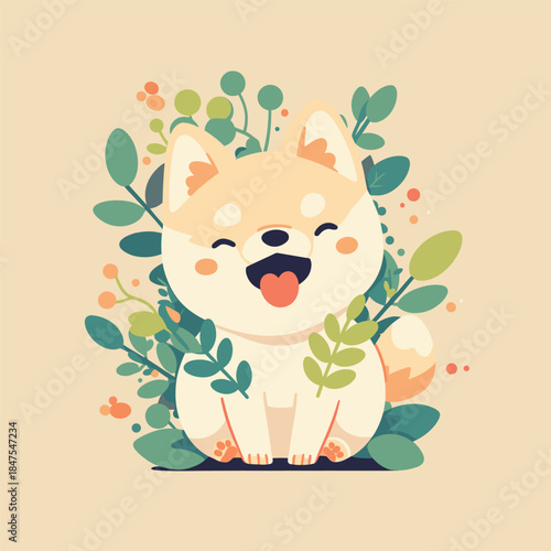 Adorable Shiba Inu puppy surrounded by lush green foliage and delicate flowers, exuding pure joy and happiness with a wide, open-mouthed smile.