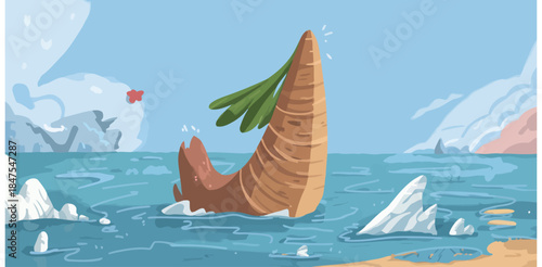 carrot  in icy ocean water with icebergs floating around