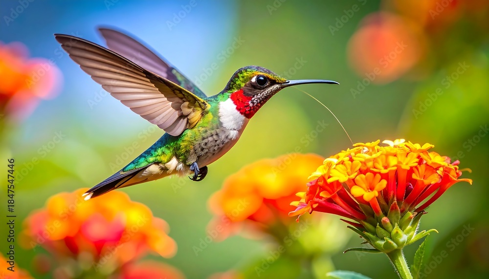 Naklejka premium Hummingbird in flight feeding from a vibrant orange and yellow flower against a soft, blurred, green background