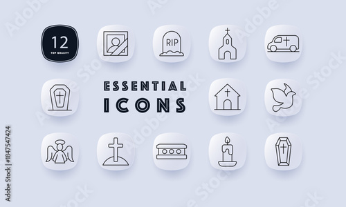 Funeral set icon. Rounded icons show coffin, church, candle, dove, angel, grave, vehicle, cross, memorial portrait, RIP stone, and mourning-related religious symbols.