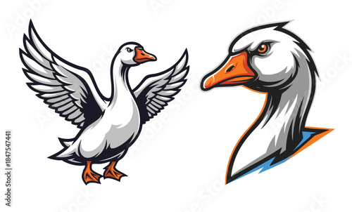 Dynamic Goose or Swan Mascot Design Set featuring a Full Body Bird and an Aggressive Head E-sport Logo.
