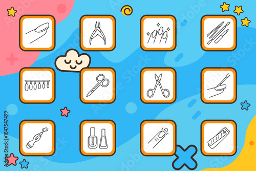 Manicure set icon. Nail, scissors, polish, cutter, brush, file, hand, glitter, salon, care, finger, tool, gel, design, shape, cosmetic, hygiene, equipment.