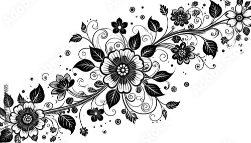 Intricate floral design featuring detailed flowers, leaves, and swirling vines in a black and white composition