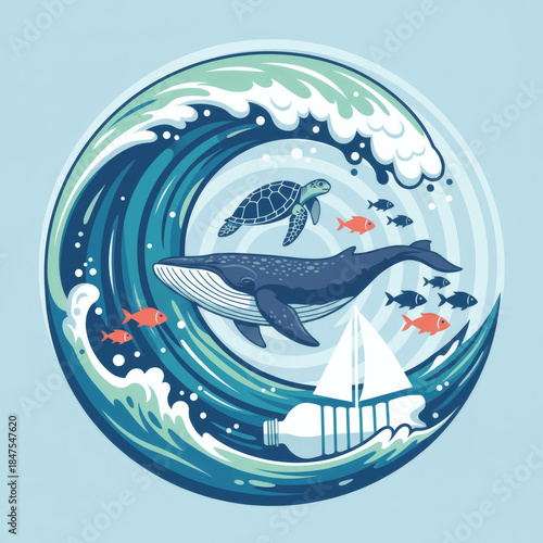 A dynamic, flowing vector illustration celebrating marine life. The design shows a large, stylized wave cresting to form a protective circle around  sea creatures a whale, turtle, and fish