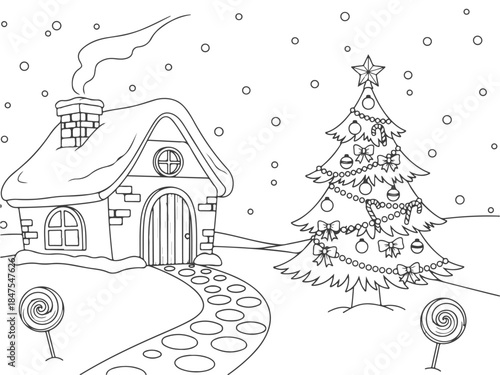 A charming winter scene featuring a snow-covered cottage with a smoking chimney and a decorated Christmas tree, with lollipops on either side of a stone path.