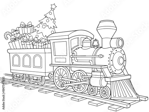 A detailed black and white illustration of a vintage steam train carrying a Christmas tree and presents on its flatbed car.