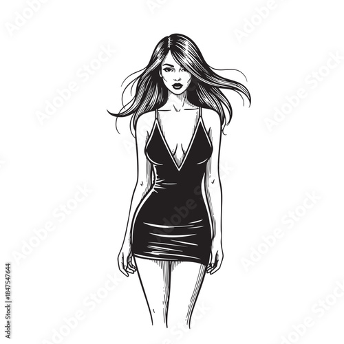 Hand-drawn vector illustration of a sexy young woman in a short black dress with flowing long hair, standing pose.