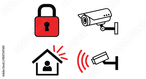 Security icons show a padlock, surveillance camera, and alarm system.