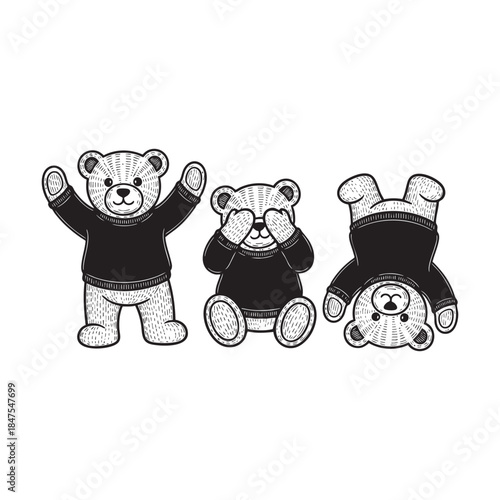 Funny trio illustration of three teddy bears in sweaters, showing different actions: excited, shy, and upside down.