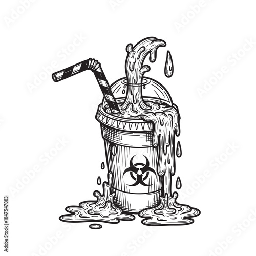 Toxic melting beverage in a disposable plastic cup with a biohazard symbol, symbolizing environmental pollution and danger.
