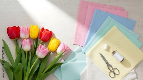 Pastel fabrics, sewing tools, and vibrant tulips on bright background surface