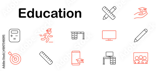 Education set icon. Graduate, student, desk, calculator, pencil, computer, online learning, ruler, target, mobile, teacher, monitor, knowledge, school, class, goal, achievement.