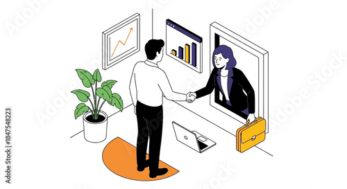 Two business people shake hands through a digital screen.