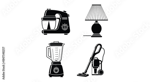 collection of household appliances and a lamp are shown.