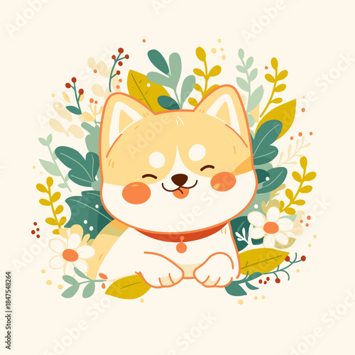 Cute Shiba Inu Dog Surrounded by Floral Elements and Leaves.