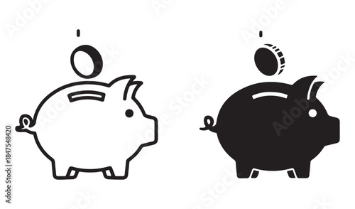 Duo of piggy bank icons, one outlined and one solid black, illustrating saving money and financial concepts.