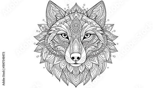 Intricate grayscale rendering of a fox's head, adorned with elaborate geometric and floral patterns