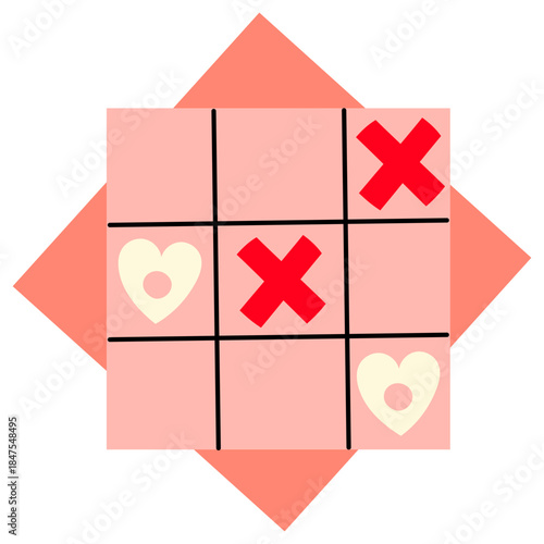 Tic tac toe game with hearts and crosses. Cute romantic board game concept for Valentines Day, love themes, kids activities and playful design projects.