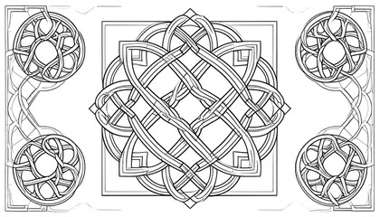 Intricate monochrome celtic knot design with corner patterns on white; line art style