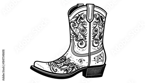 Intricate line art of a cowboy boot, adorned with floral and abstract patterns, against a stark white background