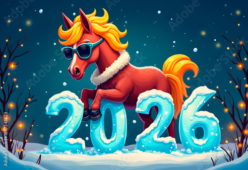 Postcard. Stylish horse with sunglasses and icy 