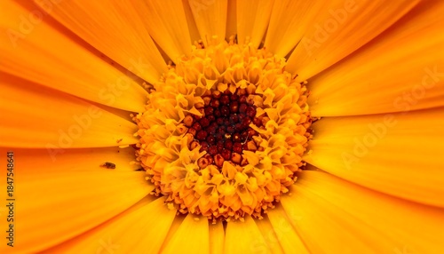Intricate macro of a vibrant orange flower, showcasing its textured center and radiating petals