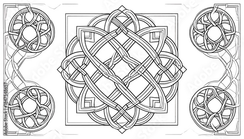 Intricate monochrome celtic knot design with corner patterns on white; line art style