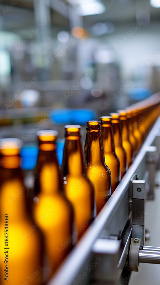 Fototapeta premium Amber glass bottles moving along an automated production line inside a factory. 