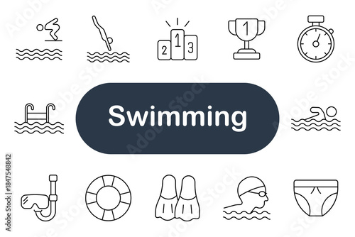Swimming set icon. Pool, swimmer, goggles, fins, lifebuoy, stopwatch, podium, trophy, diving, trunks, ladder, sport, competition, water, training, fitness, recreation, performance, race, swim