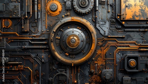 Intricate steampunk mechanism, dark metallic tones with golden highlights, featuring gears, pipes, and mechanical elements