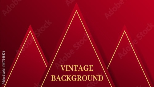 Red abstract background with three 3D triangular shapes, soft shadows, and golden lines. Elegant geometric composition with depth and contrast.